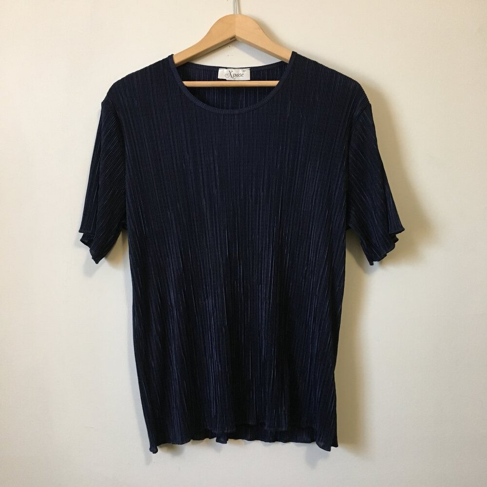 90s Fairygrunge Xpose UK Made Navy Blue Plisse Tee - M/L